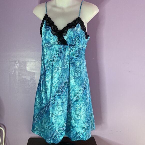 Private Luxuries Blue Black Faux Snakeskin Nightgown Size Small | Satin Slip - Picture 1 of 3